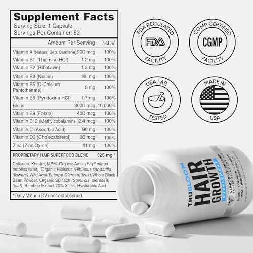 Tru Bloom Hair Growth Vitamins - 2 Month Supply. Clinically Proven to Grow Fuller, Thicker Hair. Drug-Free with Biotin, Collagen, Keratin, MSM, Zinc, D3 + Hair Superfoods