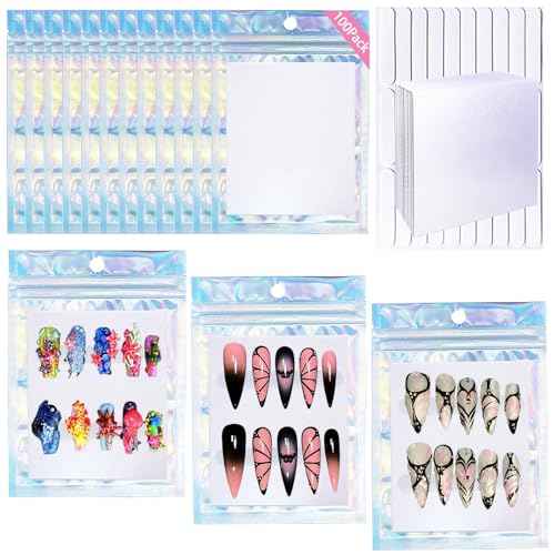 100 PCS Press On Nails Packaging Bag Holographic Nail Storage Bag and 100PCS Shiny White Pearl Card with 7 Sheets Pre-cut Nail Tape (Laser)