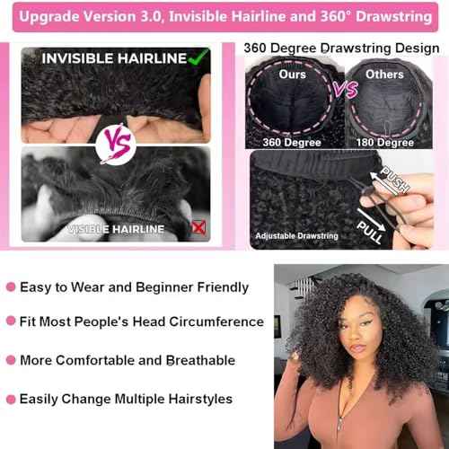 Half Wig Human Hair 200% Density 3 In 1 Seamless Flip Over headband wig human hair Glueless Wear and Go Beginner Friendly Kinky curly human hair wig Drawstring Headband Wig for Women 26inch