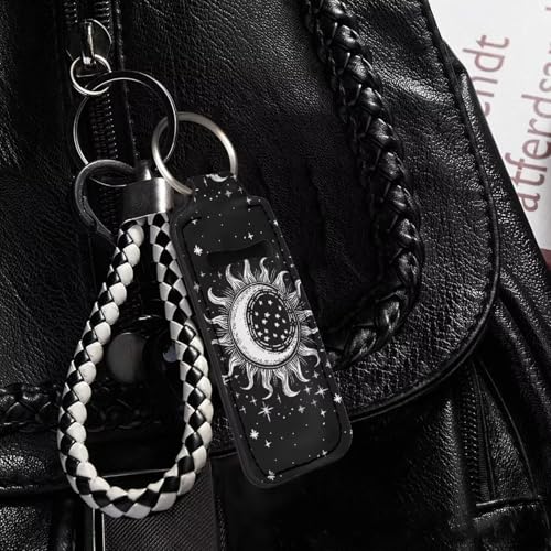 Bulopur Sun and Moon Lip Balm Holder Keychain Black Chapstick Holder Lipstick Sleeve Lip Gloss Tube Holder with Metal Ring Travel Accessories