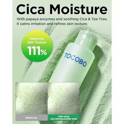 TOCOBO Cica Calming Powder Wash ? Korean Enzyme Face Cleanser with Cica, Tea Tree & Papain ? Hypoallergenic Low pH Powder Cleanser for Sensitive Skin, Pore Purifying & Exfoliating,. 1.69 oz.