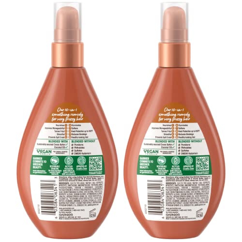 Garnier Whole Blends Sulfate Free Remedy Miracle Frizz Tamer 10-in-1 Leave-In Conditoner for Very Frizzy Hair, Coconut Oil & Cocoa Butter, 5 Fl Oz, 2 Count (Packaging May Vary)