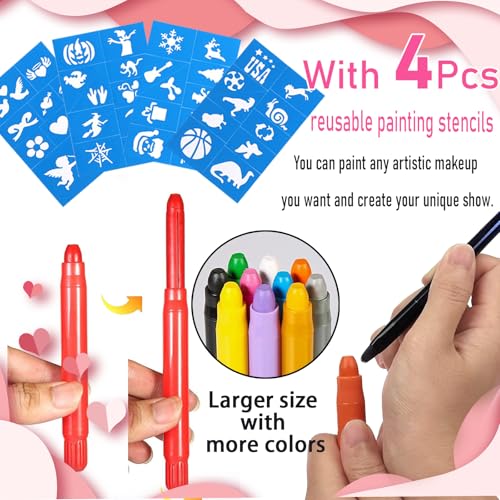 12 Colors Kids Face Paint Crayons with Glitter Tattoo Stencils