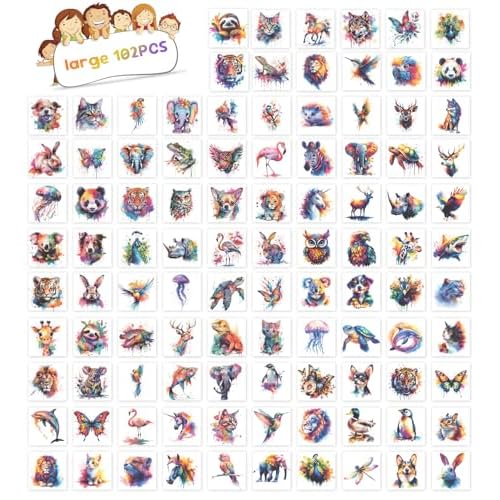 102 PCS Individually Wrapped Watercolor Animals Temporary Tattoo - Animals Temporary for Girls Boys Body Arm Shoulder Tattoos Stickers, Rewards Prizes & Party Supplies Gifts