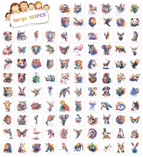 102 Watercolor Animal Temporary Tattoos – Individually Wrapped