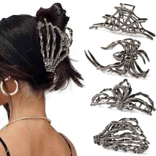 4 PCS Halloween Hair Claw Clips for Women Girls, Gothic Spider Black Metal Claw Clips, Non-Slip Hair Claws for Thick Thin Hair, Spider Web Skeleton Hand Skull Hair Clips, Spooky Hair Accessories Gifts