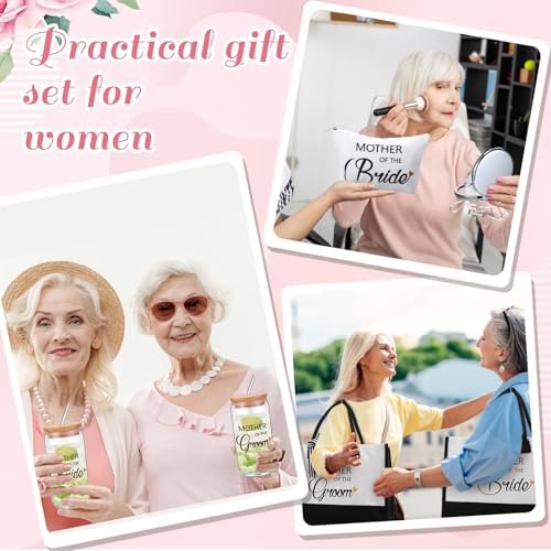 Paterr 8 Pcs Mother of the Bride and Mother of the Groom Gifts Set Canvas Tote Bag Drinking Glass Cups Makeup Bags Mirror