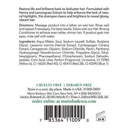 Mario Badescu Henna & Seamollient Hair Shampoo for Men & Women - Moisturizing Shampoo with Seaweed, Glycerin and Lemongrass Extracts - Adds Volume and Visibly Enhances Hair Tone and Natural Highlights