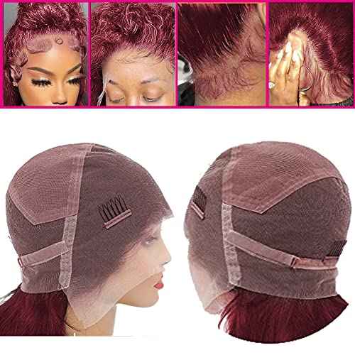 Burgundy Wig Human Hair Hidden Strap 360 Lace Front Wigs Human Hair Deep Wave Invisible Strap Pre Plucked Bleached Knots Glueless Drawstring Curly Human Hair Wig for Women (22inch)