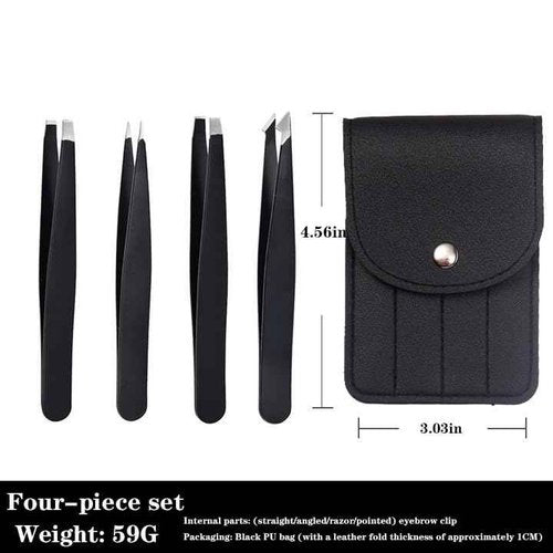 4-Piece Professional Tweezers Set, Stainless Steel Precision Tweezers for Eyebrows, Ingrown Hair & Splinter Removal, Includes Travel Case, Black - Perfect for Men & Women
