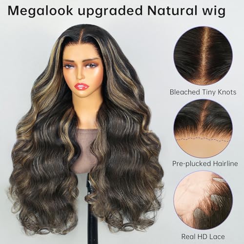 MEGALOOK Highlight Ombre HD 13x4 Lace Front Wigs Human Hair Pre Plucked 200% Density Balayage Wig Human Hair Body Wave Lace Front Wigs Human Hair for Women FB27# 24 Inch