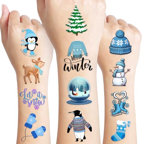 96 Pcs Winter Temporary Tattoos for Kids | Snowflake Snowman