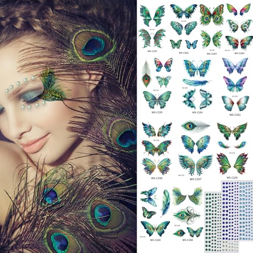 Peacock Butterfly Temporary Face Tattoos with Rhinestone Gems