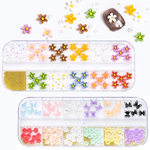 ueforrza Nail Art Rhinestones Set, 3D Flowers/Butterfly Nail Charms, Nail Gems and Rhinestones Kit, Nail Decorations for Nail Art, DIY Nail Accessories and Nail Supplies (2 Boxes)