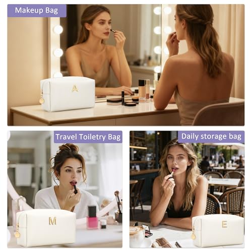 Personalized Initial Makeup Bag - Waterproof PU Leather Cosmetic Travel Bag