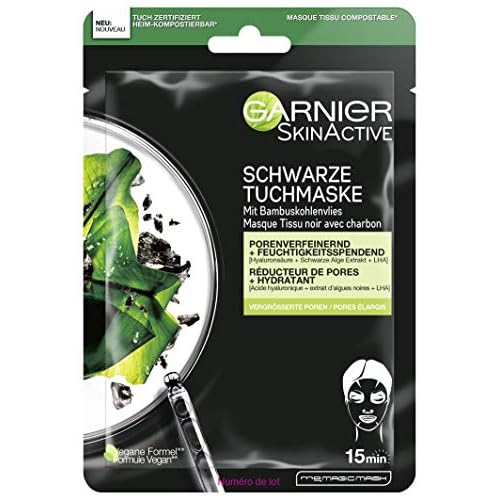 Garnier Black Sheet Mask, Minimize Pores, Moisturizing and Refining Pores, With Hyaluronic Acid, Black Algae Extract and LHA, Hydra Bomb, 28 g / 0.99 Fl.oz