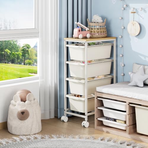 4-Drawer Rolling Storage Cart with Wooden Top & Lockable Wheels