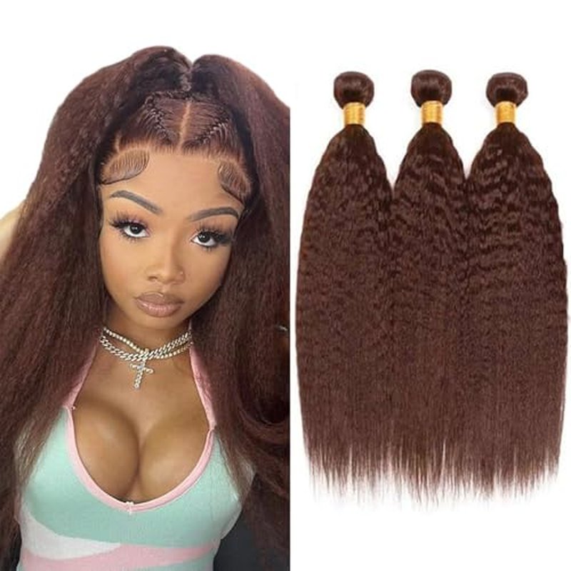 #4 Brown Yaki Straight Human Hair Bundles 3-Pack 150g