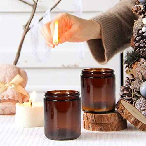 12 Pack 8 oz Amber Round Glass Jars, 240 g Empty Cosmetic Containers with Inner Liners, Black Plastics Lids Glass Jars with Lables for Cosmetics, Face Cream, Lotion, Ointments and DIY Candle