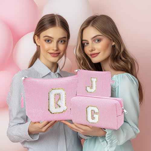 Initial Gifts Travel Cosmetic Makeup Pouch Bags Sets for Purse, 3pcs Stoney Clover Dupes Pouch Makeup Bag, Personalized Cosmetic Bags Set for Women, Make up Bag for Teen Girls 13 14 15 16 17 (A, Pink)