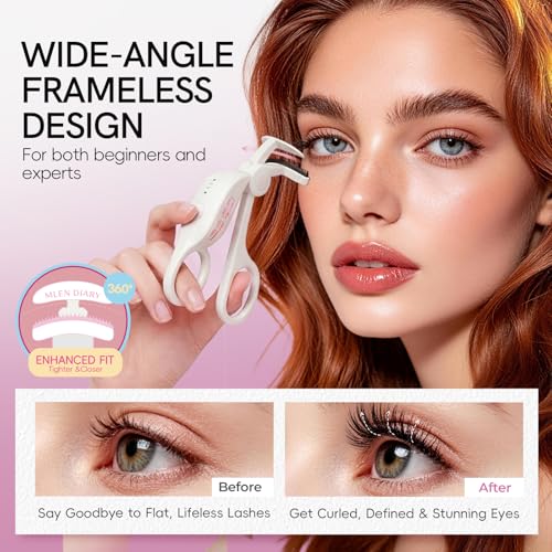 MLEN DIARY Rechargeable Heated Eyelash Curler with 3 Temperature Modes, Fast 10s Heat Up, Long-Lasting 24H Curl, Travel-Friendly, Anti-Burn Safety (White)