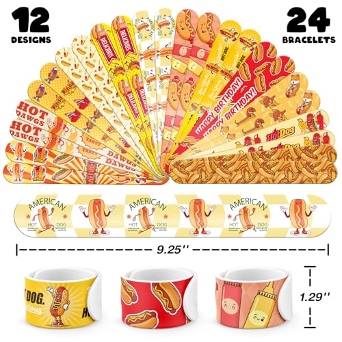 96 PCS Hot Dog Party Favors Set ? 72 Pre-Cut Temporary Tattoos & 24 Slap Bracelets for Kids, Perfect for Food-Themed Birthday Parties, BBQ Celebrations & Classroom Rewards