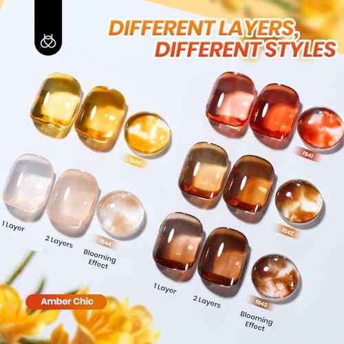 Beetles Fall Gel Nail Polish Set ? Amber Chic Jelly Gel Polish with Blooming Gel for Marble Effects, 6 Colors Yellow Red Brown Gray Translucent Soak Off UV LED Autumn Nail Art