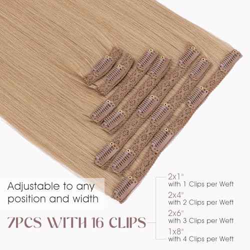 Elailite Clip in Hair Extensions Real Human Hair, Remy Hairpieces for Women, 7PCS Lace Weft Full Head, 12 Inch 90g Dark Blonde