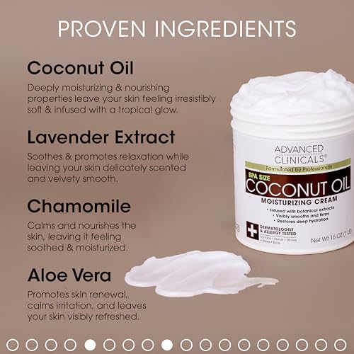 Advanced Clinicals Coconut Body Lotion Moisturizing Cream & Face Lotion For Women & Men | Coconut Lotion | Natural Coconut Oil Cream Skin Care Moisturizer Body Butter Balm For Dry Skin, 16Oz, 2-Pack