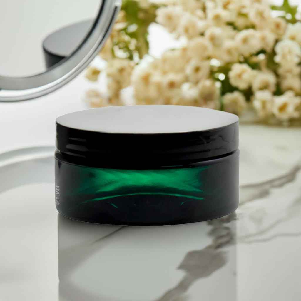 JUVITUS (12 Pack) 8 oz Green PET Plastic Low Profile Jar with Black Smooth Lid