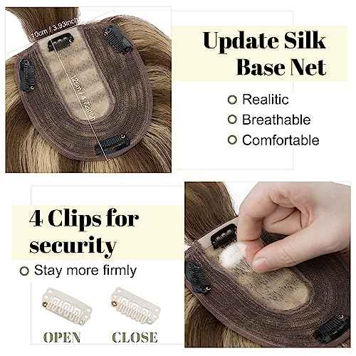 SEGO Hair Toppers for Women With Bangs Real Human Hair, 130% Density 10 * 12CM Silk Base Clip in Top Wiglet Hairpieces for Thinning Hair-14 Inch 4P27 Medium Brown&Dark Blonde