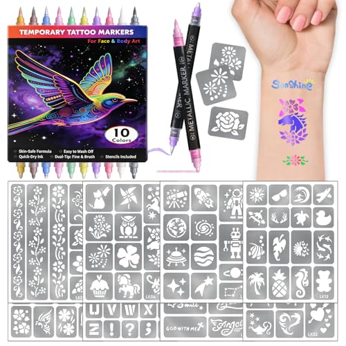 Temporary Tattoo Markers with 8 Stencils - 10 Dual-End Metallic Pens