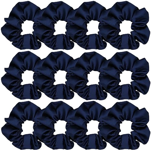 12 Pcs Satin Silk Scrunchies Soft Hair Ties Fashion Hair Bands Bow Ropes Elastics Ponytail Holders Accessories for Women and Girls (4.3 Inch, Navy Blue)