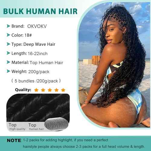 Human Braiding Hair for Boho Braids 200g 18 Inch Deep Wave Boho Hair for Braiding Knotless 12A Curly Hair Extensions Bulk Bohemian 5 Bundles/Pack Natural Color