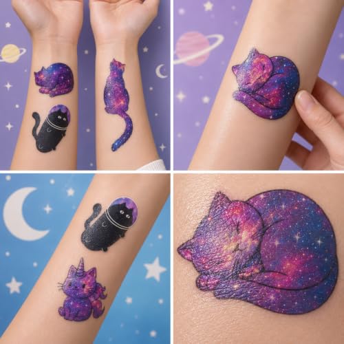 96 PCS Space Cat Temporary Tattoos for Kids Party Favors