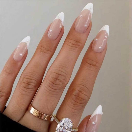 Enppode French Tip Nails Almond Press on Nails Medium Stick on Nails with Pearls White Nails for Women