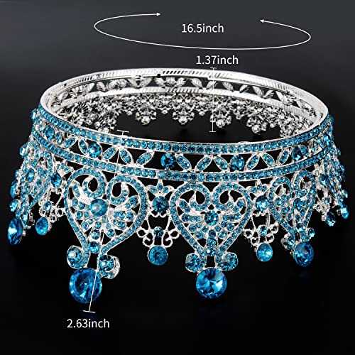 Aprince Aqua Blue Full Round Crystal Tiaras and Crowns for Women, Silver Queen of Hearts Crown Rhinestones Wedding Gifts for Bride Birthday Queen crown for women queen of hearts Accessories for Prom