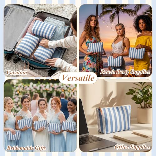 24 Pcs Blue Striped Makeup Bags - Durable Canvas Travel Organizers