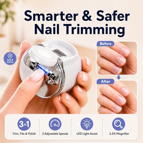 3-in-1 Electric Nail Clippers for Seniors with LED Light and 2.5X Magnifier - USB Rechargeable, Dual Cutting Heads