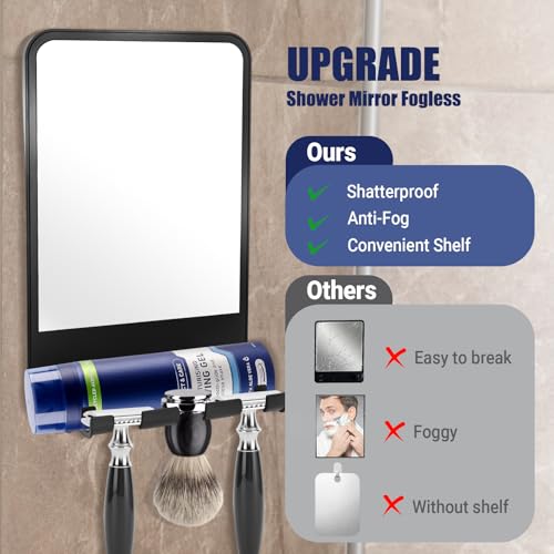 Fogless Shower Mirror with Razor Holder, No-Drill Anti-Fog Shaving Mirror
