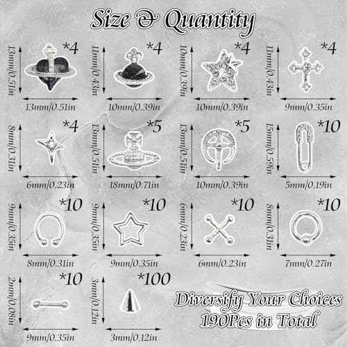 BELICEY 190PCS 3D Nail Charms - Silver Star Cross Planet Rivet Punk Cone Jewels for Acrylic Nails