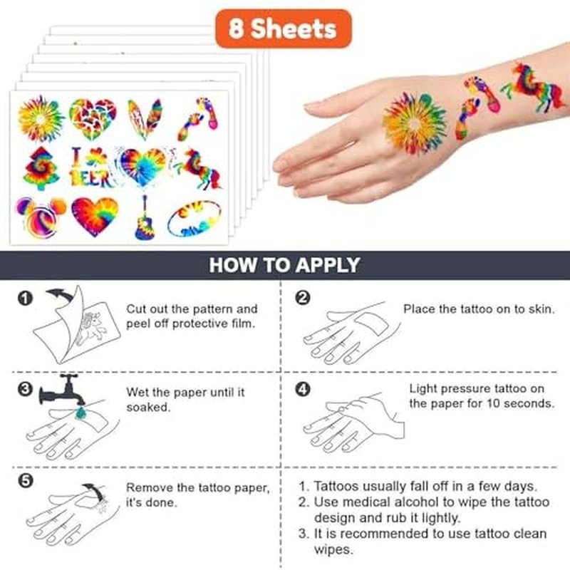 Tie dye Temporary Tattoos 96PCS Valentines For Kids - Birthday Themed Party Supplies Decorations Favors 8 Sheets Colorful Decor Cute Stickers Tattoo for Class School Prizes Gift for Kids Boys & Girls