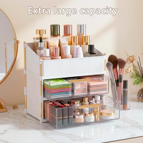 Large Capacity Makeup Organizer with Brush Holder & Drawer
