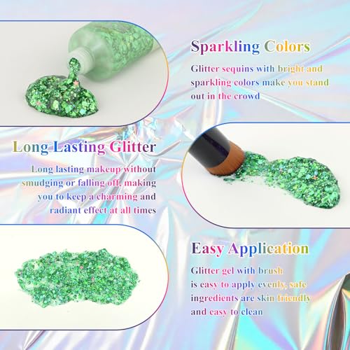 Green Body Glitter Gel, St Patricks Day Hair Face Glitter for Kids & Women, Chunky Mermaid Sequins, Easy Apply & Quick Drying, Face Sparkles Fairy Makeup, Singer Concert Festival & Rave Accessories