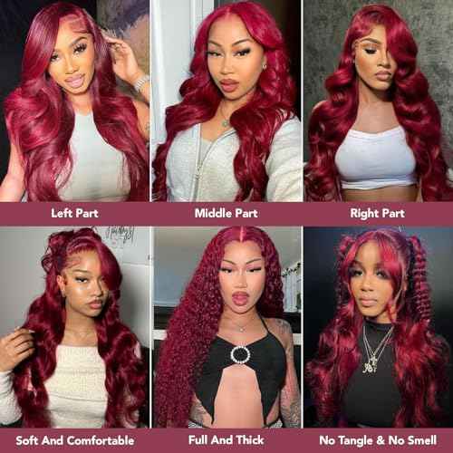 99J Burgundy Lace Front Wigs Human Hair 200% Density Glueless 13x4 Wine Red Body Wave HD Lace Front Wigs Human Hair Pre Plucked 24 inch