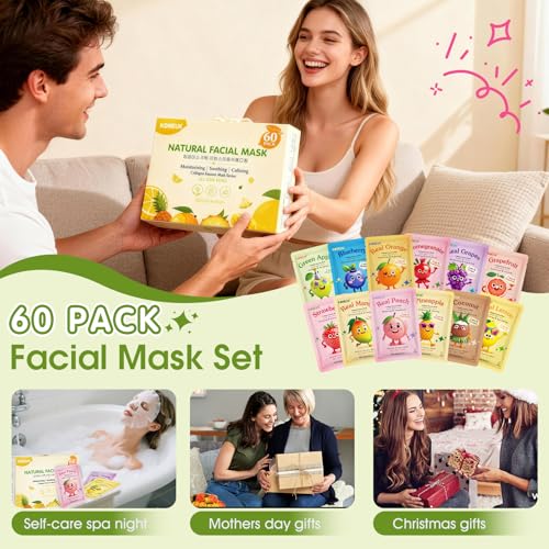 60 Pack Fruit Theme Face Mask for Kids, Easter Basket Stuffers, Sheet Hydrating Face Masks Skincare for Teens Women, Skin Care for Kids, Spa Party Supplies and Bulk Birthday Gifts for Girls