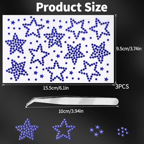Face Gems 6 Sheets Hair Gems, Self Adhesive Face Jewels Stickers, Red White and Blue Star Festival Face Gems Stick on, 4th of July Rhinestone for Face, Eye, Makeup, Rave Accessories for Kids, Women