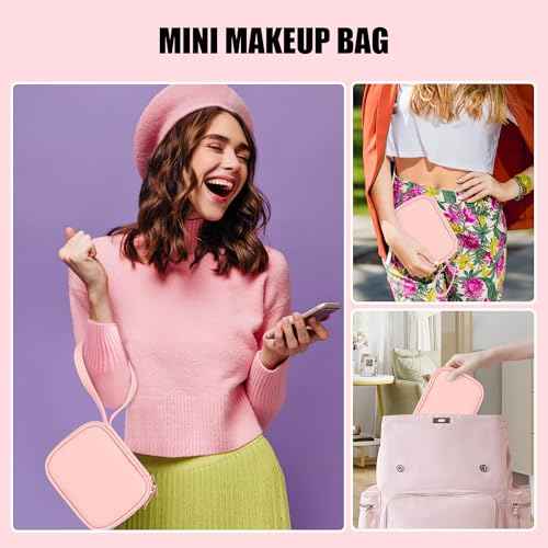 Relavel Mini Makeup Bag with Led Mirror, Small Cosmetic Bag with 3 Light Modes, Rechargeable Portable Makeup Pouch with Hands-Free Wrist Strap for Pool Parties?Work Touch-Ups?Travel - Pink