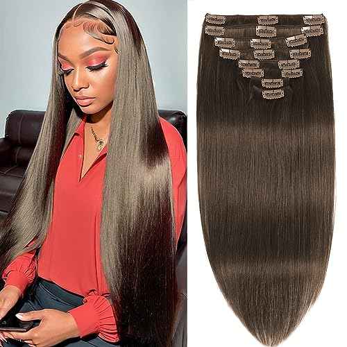 Chocolate Brown Clip in Hair Extensions Real Human Hair Clip ins Remy Human Hair Clip in Extensions Invisible Natural Straight Seamless Clip on Hair Extensions 8pcs Double Weft 18 Inch 80g
