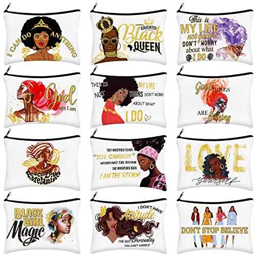 12 Pcs African Girl Makeup Bag Black Girl Christmas African Gifts Afro Melanin Art Cosmetic Canvas Bags Funny Cute Reusable Toiletry Pouch Organizer Black Owned Business Gift for Women(Stylish Style)